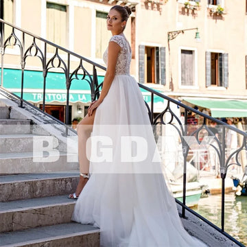 Runhufu A-Line Wedding Dresses Women 2024 Lace O-Neck Cap Sleeve Split Tulle Open Back Bridal Gown Sweep Train Vestidos De Noiva
